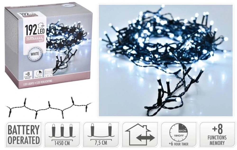 HOMESTYLING Vianočná svetelná reťaz studená biela 192 LED / 14,5 m KO-AX8415030