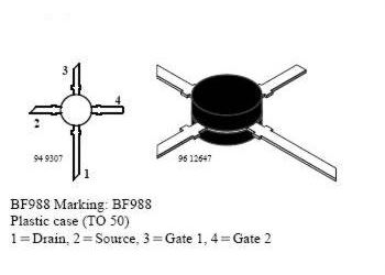 BF988 N FET 12V/30nA 0,2W 800MHz dualgate UHF - VISHAY