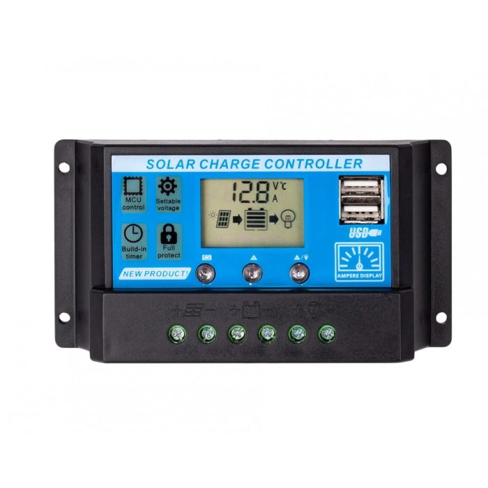 Solárny regulátor PWM 12-24V/10A+USB pre Pb batérie, LiFePO4, Li-ion