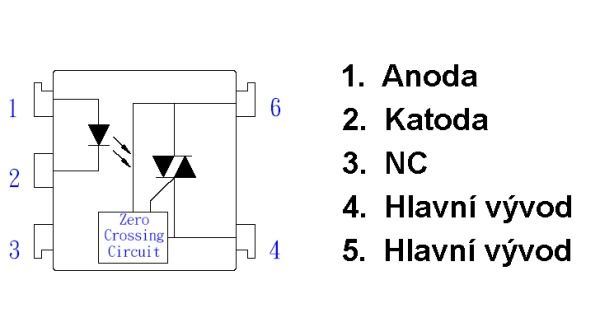 MOC3062 optotriak 1A/600V, izolačná pevnosť 7500V, spína v nule, DIL6