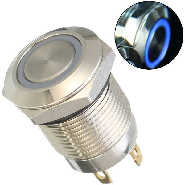 Vypínač stláčací OFF-ON 12mm, 250V/2A, modré presvetlenie 12V