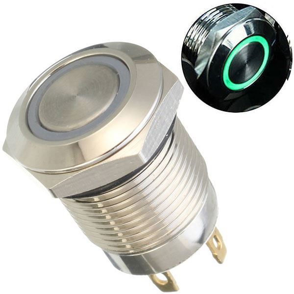 Vypínač stláčací OFF-ON 12mm, 250V/2A, zelené presvetlenie 12V