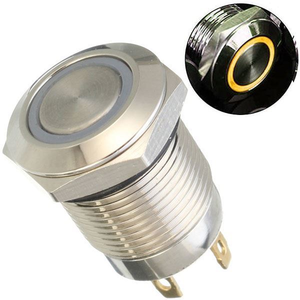 Vypínač stláčací OFF-ON 12mm, 250V/2A, žlté presvetlenie 12V