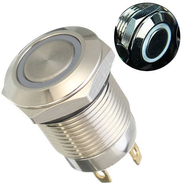 Vypínač stláčací OFF-ON 12mm, 250V/2A, biele presvetlenie 12V