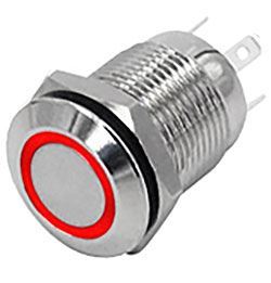 Tlačidlo OFF-(ON) 12mm, 250V/2A, červené presvetlenie 12V