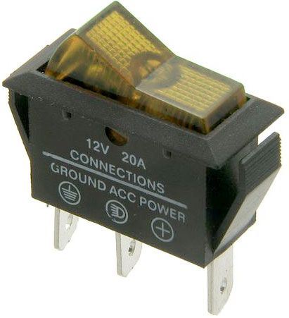 Vypínač kolískový ASW-09D, OFF-ON 1pol.12V/20A, žltý, presvetlený