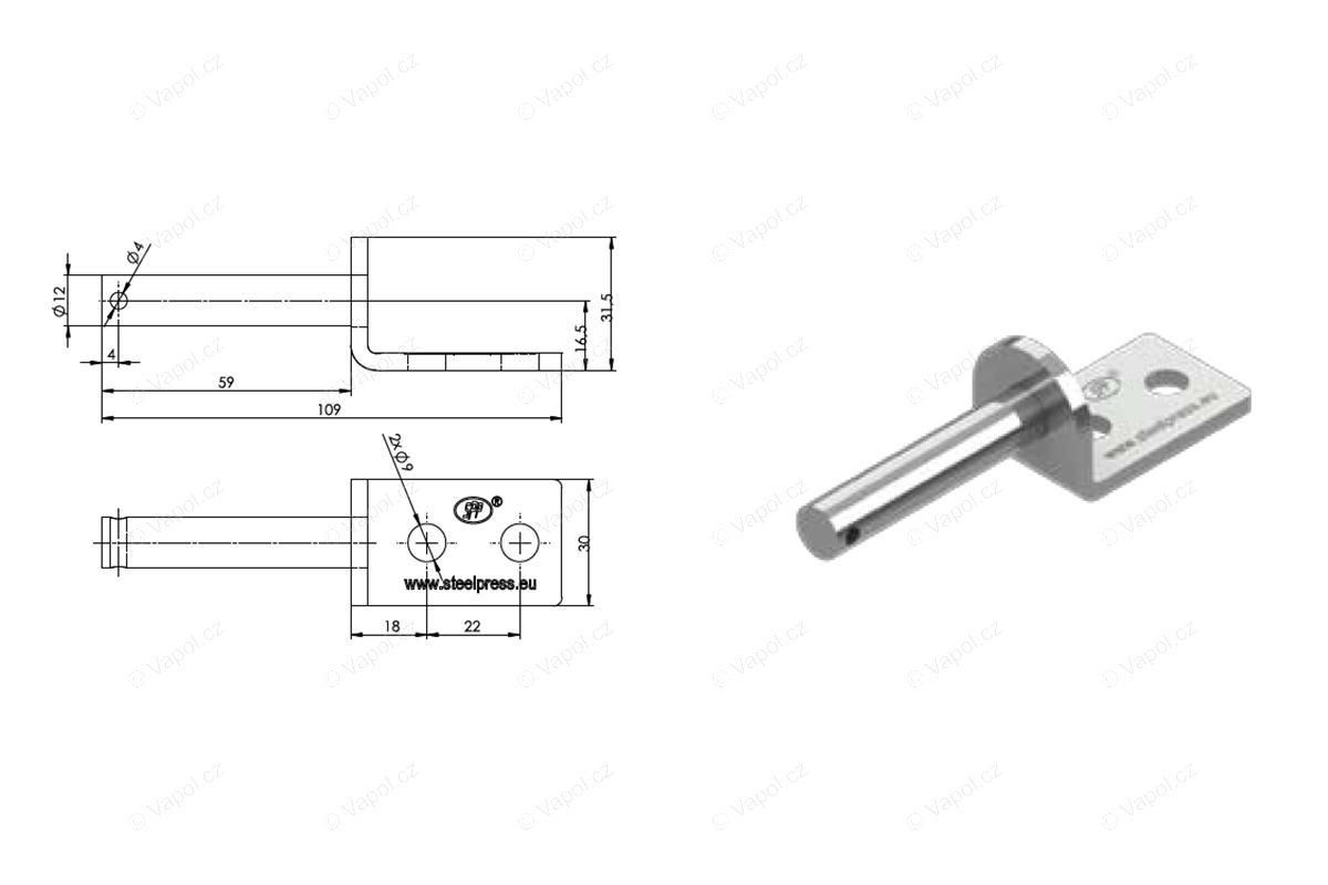Úchyt pántu bočnice UZ-01B 12 mm, skrutky z boku SPP