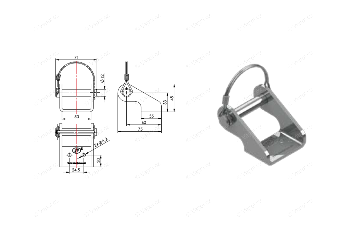 Úchyt pántu bočnice UZ-03A 12 mm, vysoký, skrutky + poistný drôt SPP